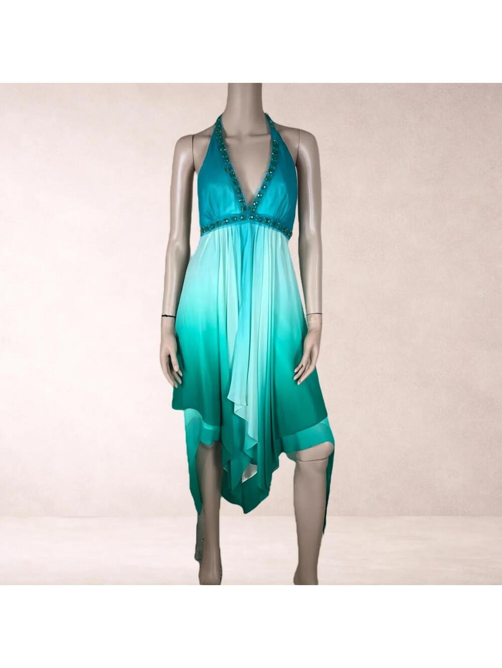 BCBG Ombre Aquamarine Blue Mermaid Halter Ruffle Dress Y2K
